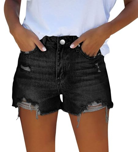 Korta sommarjeans för dam - korta byxor för dam eleganta push-up-shorts med hög midja slitna jorts i detalj med korta fransar hotpants kurvig passform äldre modebyxor och ben, Svart, XXL