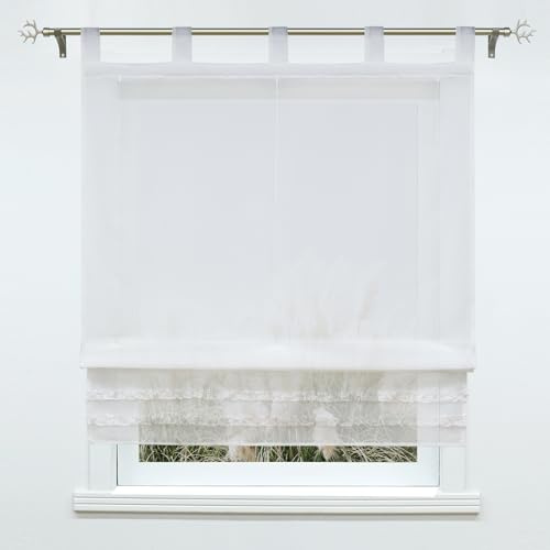 Voile Raffrollo mit Rüschenkante Weiß Gardine Suli transparent,Schlaufen, BxH 120x165cm