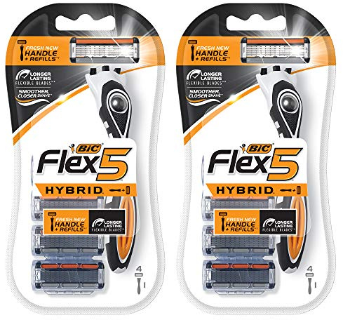 BIC Flex 5 Hybrid Herren Einwegrasierer mit 5 Klingen, 1 Griff und 4 Patronen, 2 Stück (2 Stück)
