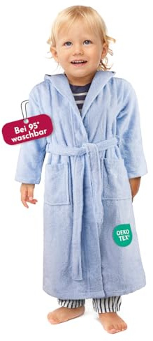 Clinotest Kinderbademantel aus Frottee – Weicher Bademantel mit Kapuze aus 100% Baumwolle, saugfähig und flauschig, ideal für Jungen und Mädchen, mit Bindegürtel, maschinenwaschbar - Pastellblau