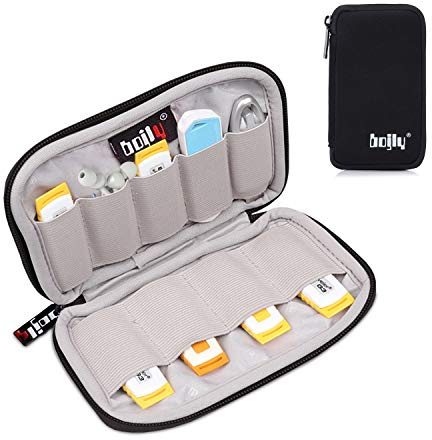 BOJLY Funda de Disco Duro, Bolsa de Accesorios Electrónica de Nylon Funda Protectora Impermeable con 9 Compartimentos para Tarjeta SD, Llave USB, Cable de Auricular y Disco Duro Externo Negro