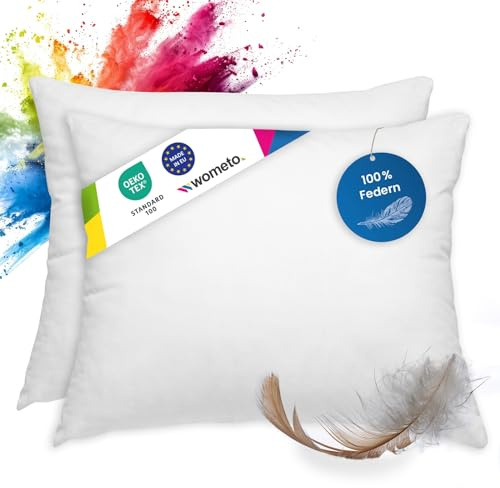 wometo 2er Set Federkissen 100% Federn 40x50-500g Oeko-TEX (2 Stück) | Füllkissen, Sofakissen mit Bezug 100 % Baumwolle weiß (Innenkissen / Kissenfüllung / Kopfkissen)