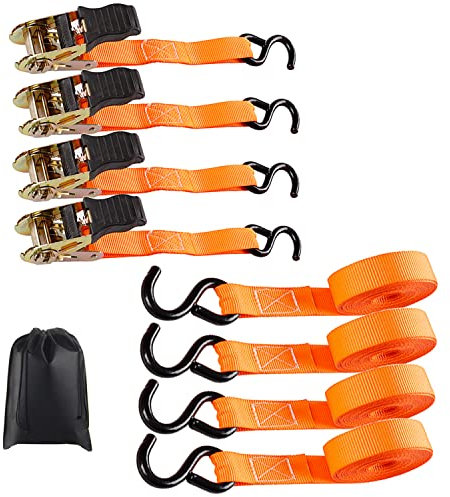 4 x 800 kg Sangle à Cliquet - Kit de 4 Sangles Arrimage à Cliquet, 5m Sangle d'arrimage avec Tendeur à Cliquet Sangle à Cliquet Sangles de Serrage pour Remorque Auto Caravane Vélo Déménagement(Orange)
