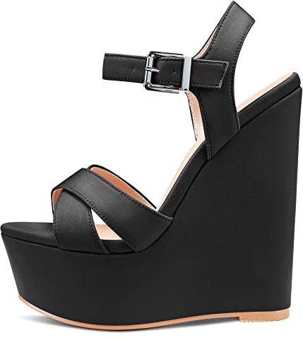 Castamere Femmes Haut High Compensé Plate-forme Talon Heel 15 CM Heels Ouvert Bout Sandales Lanières Cheville Boucle Sexy Dress Mariage Noir Satin 42 EU