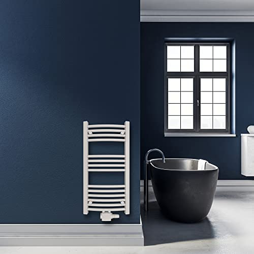 SHV Badheizkörper Columba gebogen mit Mittelanschluss in glänzendem Weiß - 400 x 800 mm | Heizkörper für Badezimmer, Handtuchhalter für Wand im Bad, Handtuchheizkörper, Handtuchtrockner aus Stahl