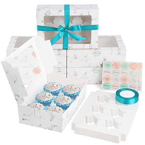 Coolty 20 Stück Cupcake Boxen 6 Löcher Karton Verpackung Boxen Bäckerei Gebäck Boxen mit Fenster und Einsätze für Cookies Muffins Cupcakes Desserts Torten (Marmor Weiß)