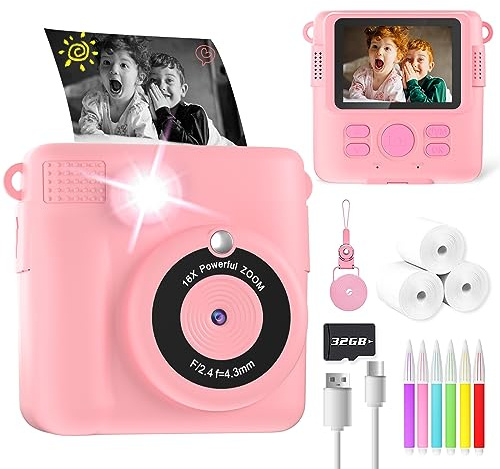 YORKOO Kids Instant Camera with Photo Paper, 1080P HD Digital Camera for Girls, Creative Gift for Children Age 4-10, Video Recorder, 32GB SD Card - Pink