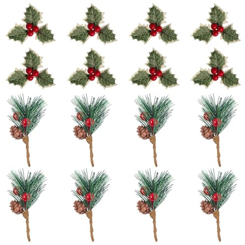 HOBBOY Ramas de Pino Simuladas Navideñas 8 Piezas Ramas Artificiales de Pino Navideño Adecuado para Envolver, Decoraciones de Mesa, Manualidades con Guirnaldas de Bricolaje