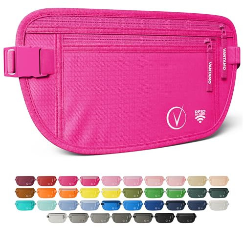 Vantamo Bauchtasche Damen Ultraflach mit RFID-Schutz, Geldgürtel für Reisen mit 2 Fächer und Verstellbarem Gurt, Hüfttasche Herren für Laufen und Wandern Passt für Reisepass, Bargeld und Telefon