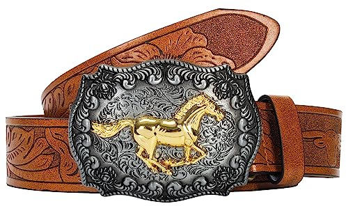 Western-Lederschnallengürtel für Herren, Damen, Cowboy, Cowgirl, Herren-Ledergürtel für Jeans, Herrengürtel, Braun-Stil2, 110cm/For Waist 84cm-92cm