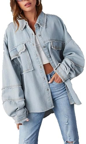 MANYMANY Damen-Jeansjacke mit Nieten und Fransen, Lapal Button Down, übergroße Jeansjacke mit Taschen