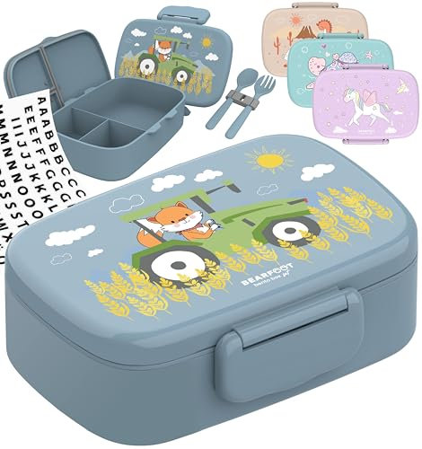 BEARFOOT Brotdose Kinder BPA-frei – Lunchbox/Bento Box mit Fächern, 100% auslaufsicher, für Schule & Kindergarten (Traktor)