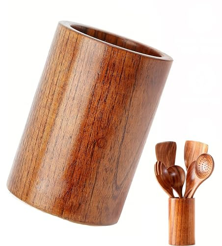 trabag Portautensili in legno, rotondo in legno, portaposate da cucina, per spatola, posate da cucina, cucchiaio (15 x 8,7 cm)