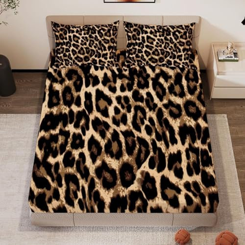 3D Spannbettlaken 180x200 Leopardenmuster Bettlaken Weiches Atmungsaktiv Spannbetttücher Leopardenmuster Mikrofaser Spannbetttuch Tiefe Tasche 30 cm Mit 2 Kissenbezügen 80x80 cm i8101