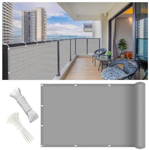 Balkon Sichtschutz Wetterfest 130 x 950 cm Windschutz Staubschutz Wetterfest Balkonverkleidung, Beständig Balkonabdeckung Reißfest Windfest mit Kabelbinder Kordel für Balkon, Grau