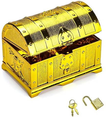 FYSL Schatztruhe Kinder, Schatzkiste Kindergeburtstag, Goldene Piraten Schatztruhe, Piratenkiste mit Deckel für Aufbewahren Und Dekorieren, Piratenparty Geburtstags 14 x 9.7 x 9.5 cm