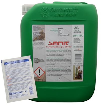 DEWEPRO Set: SANIT ProSanitärReiniger DU100 - Kanister à 5 Liter - Badreiniger - hervorragende Kalklöser mit Abperleffekt inkl. 1 St. DEWEPRO® Single Scrubs