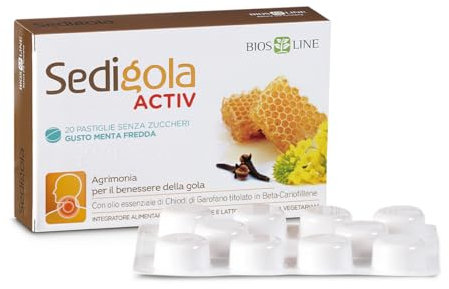 BIOS LINE Sedigola Activ 20 Pastiglie Gusto Menta Fredda, Integratore Alimentare per il Benessere della Gola, con Propoli e Oli Essenziali, Senza Zuccheri
