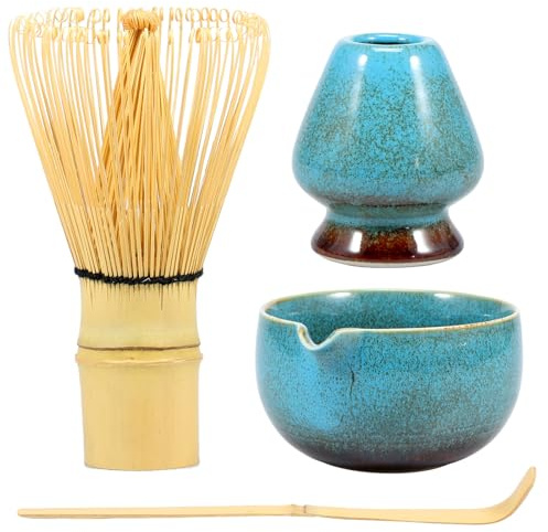 4Pcs Matcha Whisk Set, Matcha Tea Set, Reusable Matcha Making Kit with 500ml Ceramic Matcha Bowl(with Pouring Spout), Matcha Whisk and Scoop, Whisk Holder for Tea Lovers (Blue(B))