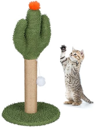 Relaxdays Kratzsäule für Katzen, Kaktus, HxD: 59x31 cm, Kratzstamm mit Bommel, Leinen-Seil, interaktiver Kratzbaum, bunt