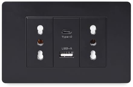 Presa di Corrente a Muro, Doppia Presa Elettriche da Muro Italiana con Porta Caricatore USB A e USB C per Cellulare 118 mm * 75 mm Wall Socket, 16A/250V (Nero)
