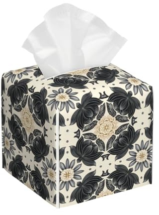 Dekorative quadratische Taschentuchbox, Blumenmuster, schwarze und graue Rosen, PVC-Leder, wasserdicht, leicht, Taschentuchhalter mit Aufbewahrung (Königsschwarz B)