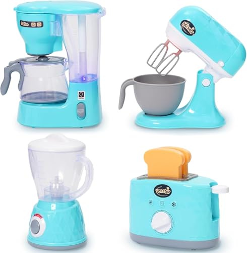 Kids Pretend Play Kitchen Appliances Toy Set with Blender,Coffee Maker Machine,Mixer,Toaster with Realistic Light and Sounds,pretend Playset for Toddlers with accessories, for Girls Boys