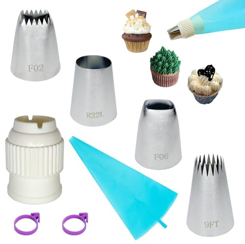 QQdou Piping Bags and Nozzles, 4Pcs Extra Large Icing Nozzles, 1 Reusable Icing Piping Bag, 1 Coupler, 2 Bag Ties, for Cake Cupcake Dessert Cookies Decoration(B)