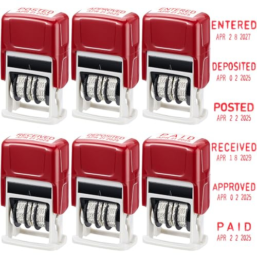 Crtiin 6 Pack Office Stamps Set Message Self Inking Rubber Date Stamps with Received Approved Deposited Paid Entered Posted Phrase and Date for Message Supplies