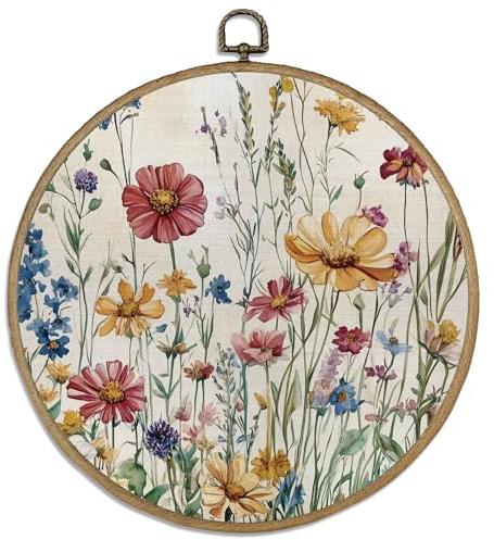 DELORIGIN Runde Leinwandbild Wanddekor „Wildblumen“ 10 Kunstdruck Wanddeko Wandkunst Mit Blumen Modern Wanddekoration Hängende Wandbilder Für Zimmer Esszimmer Schlafzimmer Wohnzimmer Balkon Terrasse
