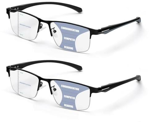 ZERPEET - 2 Pack Progressive Multifocal Reading Glasses for Men, TR90 Metal Frame Half Rim Multifocal Computer Reader, Multi-focus lens black/grey, Medium
