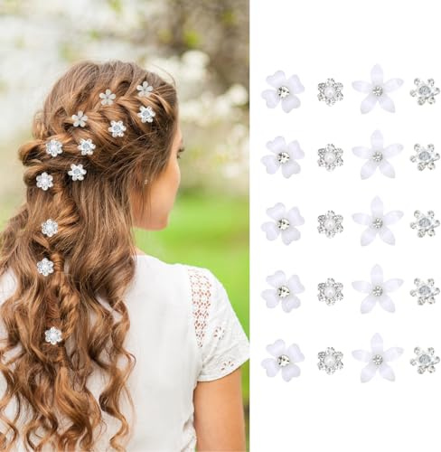 20 Mini Fermagli per Capelli con Fiori Bianchi e Strass in Metallo, Graziosi Fermagli per Capelli con Perle per Donne e Ragazze, per Matrimoni e Occasioni Speciali (4 Motivi) (Beige)