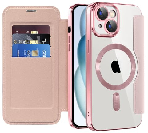 QIWEIQING Coque Magnétique pour iPhone 15 à Rabat, Étui avec Compartiment pour Cartes Mag-Safe, en Cuir Synthétique Anti-Rayures Transparent Coque pour iPhone 15. Or Rose JDC