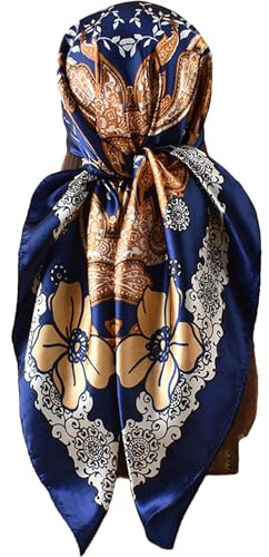 GKJU Hair Bandanas Paisley Scarf for Women Lightweight Silk Satin Neck Head Scarves for Sleeping Wraps Handbags Scarf 35 Inches (XB253 navy blue)