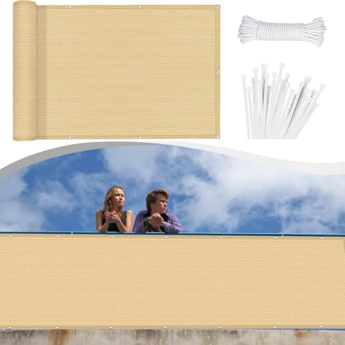 Balkon Seitensichtschutz 130 x 560 cm Ohne Bohren Blickdichte Wind Uv-Schutz mit Ösen Kabelbinder Kordel Balkon Sichtschutz/Balkonbespannung für Gartenanlagen, Camping, Sandgelb
