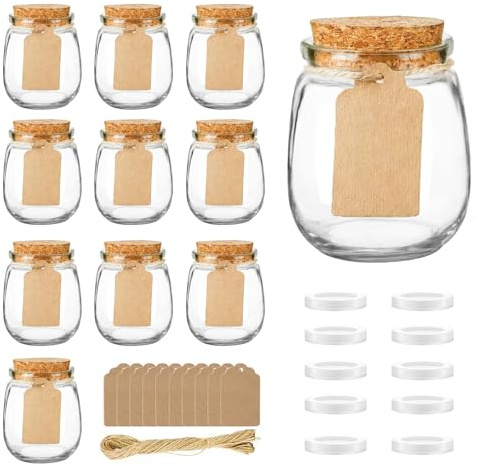 ZhouZGlass 10 Pack Empty Candle Jars, 3.5 oz Mini Yogurt Jar with Cork Lids, Honey Jars with PE Lids for Wedding, DIY Gift, Baby Shower, Spices, with Twine, Labels, Tags
