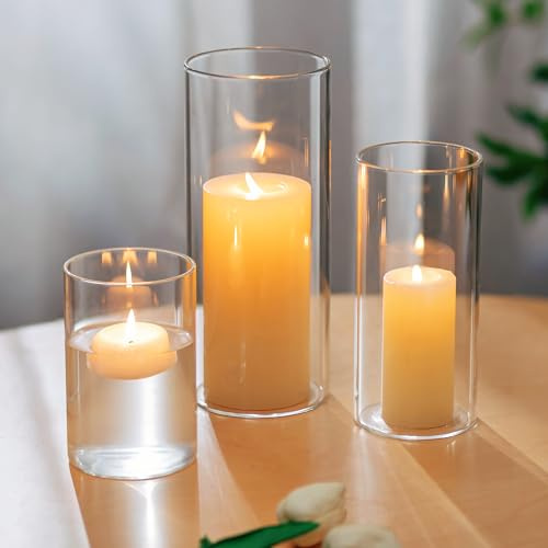 Glasseam Lykta Glas Stora: Set med 3 Förtjockade Ljusglas, Ljusstaken för Stumpljus, Glascylinder för Ljus, Modern Vas, Lykta för Utomhus, för Bordsdekoration, Bröllop, Vardagsrum