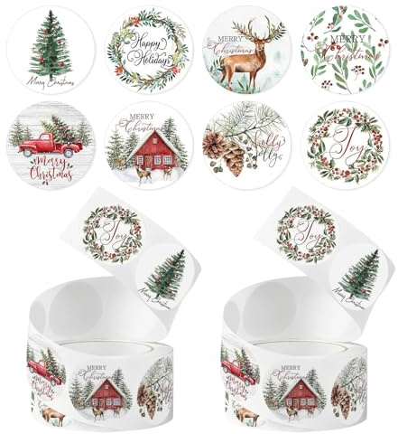 1000 Stück Aufkleber Weihnachten,Frohe Weihnachten Aufkleber,Weihnachtsaufkleber 2.5cm,Rund im 8 Stil,Etiketten Selbstklebend Sticker,Geschenkaufkleber,Weihnachtsdeko