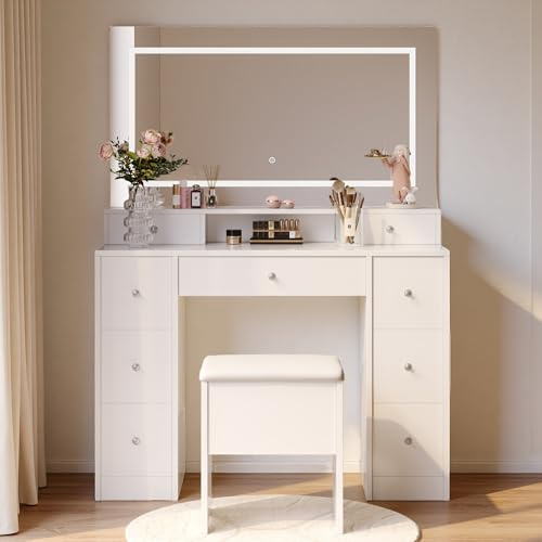 JYNVO Schminktisch mit LED‑Spiegel und 5 Schubladen, Weißer eckschminktisch mit 2 Acryl‑Ablagen, schminktisch mit hocker, verstellbaren Ablagefächern, für Schlafzimmer (Schminktisch-H)