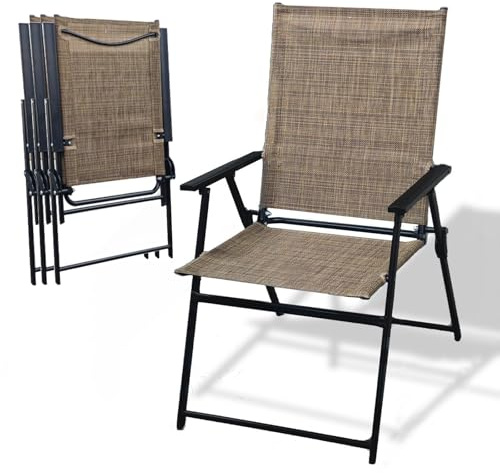 Klappstühle 4er-Set Balkonstühle Gartenstuhl Hochlehner mit Armlehnen Campingstuhl bis 150kg Belastbar Aluminium Atmungsaktiv Wetterfest Anti-Rutsch für Garten Rasen Esszimmer Camping (Braun, 4er-Set)