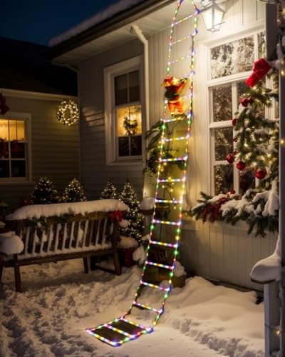 BREEZENEST Ladder Christmas Lights with Santa Claus, Outdoor Waterproof LED Lights with Remote, 8 Modes & 4 Brightness Levels, 6H Timer for Garden Yard Indoor Xmas Holiday Party Decorations