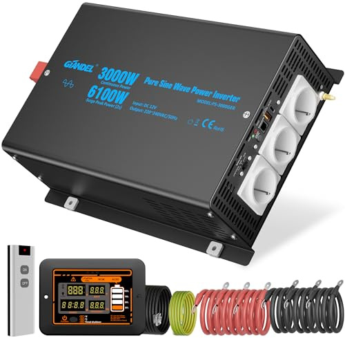 GIANDEL Inverter da 3000 W, 12 V a 230 V, inverter sinusoidale puro, 6100 W, potenza di picco, convertitore di tensione con telecomando LCD, tensione di ingresso regolabile per elettrodomestici