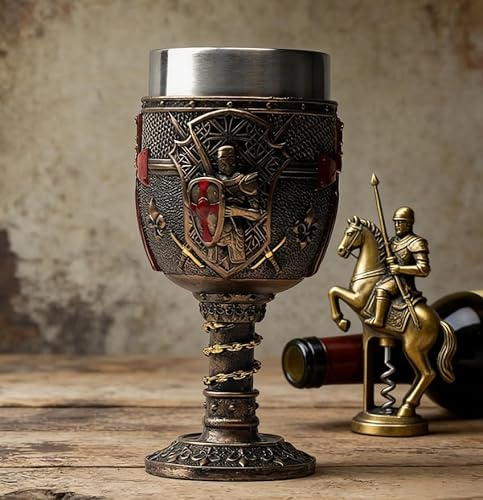 DINTSTYLE Mittelalterlicher gotischer Kelch aus Edelstahl,Kreuzritter dekorativer Kelch,Harzkörper mit Edelstahleinlage,dekorativer Becher,Partygeschenk für Geburtstage,200 ml(Bronze)