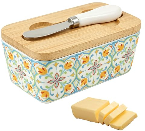 Ceramic Butter Dish with Lid, 500ml Floral Pattern Butter Dish with Knife, Covered Butter Dishes for Counter or Table