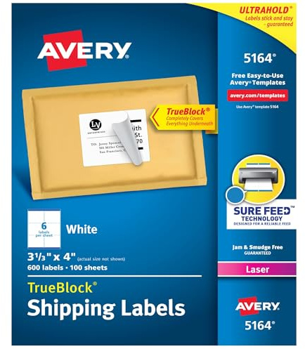 Avery Printable Shipping Labels with Sure Feed, 3-1/3 x 4, White, 600 Blank Mailing Labels for Laser Printers (5164)