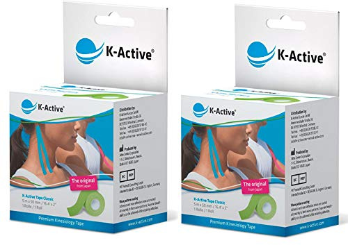 K-Active Kinesiologie Tape Classic GRÜN, wasserabweisend und hypoallergen, 50 mm x 5 m, 2 Rollen