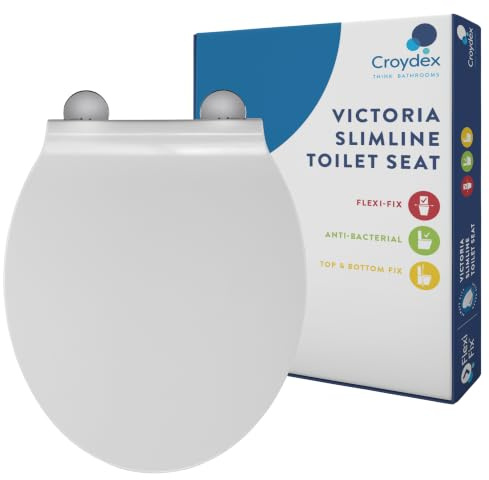 Croydex Flexi-Fix Victoria Slim Line Always Fits Never Slips Asiento de Inodoro Antibacteriano, Blanco, 42.5 x 37 x 5 cm