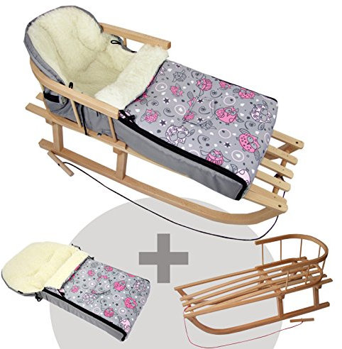 BAMBINIWELT KOMBI-erbjudande träsläde med ryggstöd och dragrep universell vinterväska (90 cm), även lämplig för babystol, barnvagn, vagn, av ull i uggledesign (motiv $2)