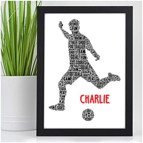 Beecreative Personalised Football Gifts for Boys - A5 or A4 Print and Wooden Frame - Boys Football Bedroom Wall Art Print with ANY NAME