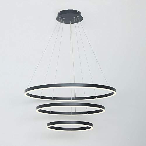 Kreis Kronleuchter LED 3-Ring Pendelleuchte Modern Acryl Verstellbar Hängelampe Wohnzimmer Esstisch Restaurant Deckenleuchte,Black+NeutralLight-20+40+60cm
